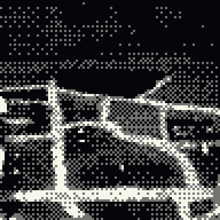 Dithered photograph of a military terrain model with gravel roads, building markers and taped routes, quantised to three tones.