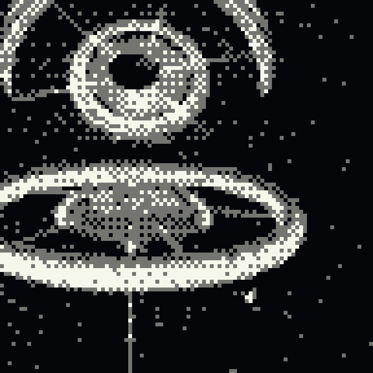 Dithered NASA Ames painting of a toroidal colony and its mirror ring, quantised to five tones.