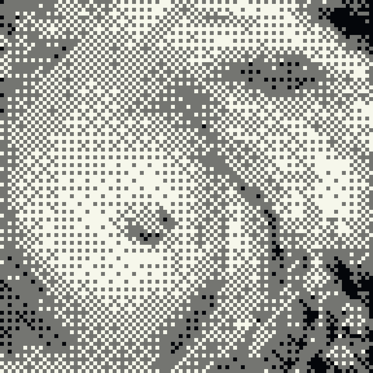 Dithered NASA satellite image of a tropical cyclone, quantised to five tones.