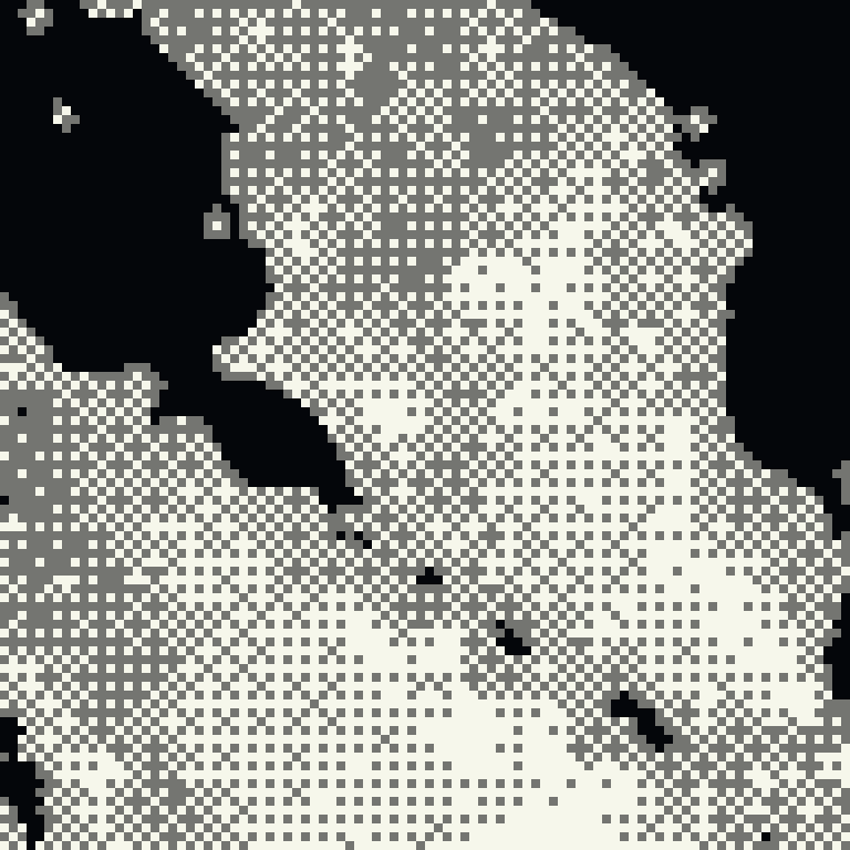 Dithered AlphaEarth 2025 embedding field over the Strait of Malacca, quantised to five tones.
