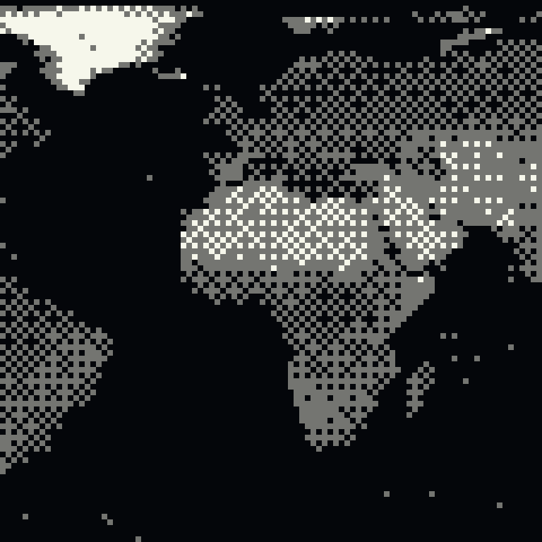 Dithered AlphaEarth 2025 global embedding field, quantised to five tones.