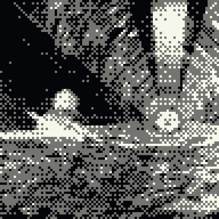 Dithered NASA Ames painting of a cylindrical colony interior seen end to end, quantised to five tones.