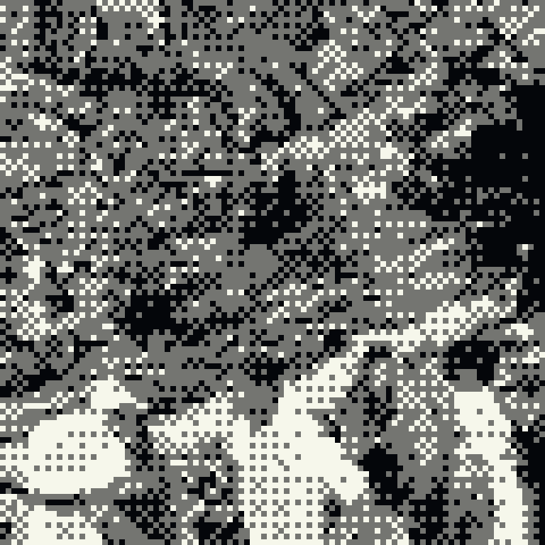 Dithered NASA Ames painting of people gathered in a Bernal sphere interior, quantised to five tones.