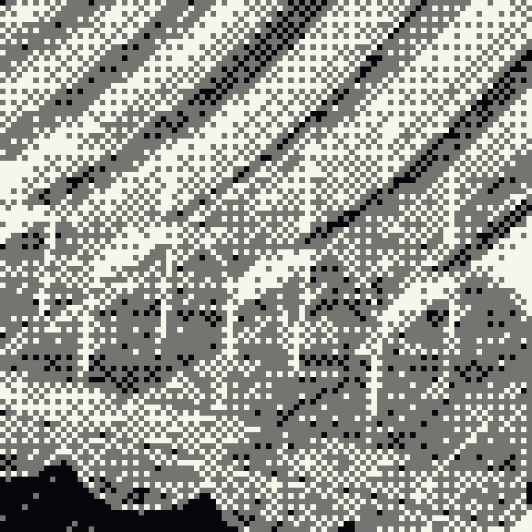 Dithered NASA Ames painting of rows of arched agricultural growth modules, quantised to five tones.