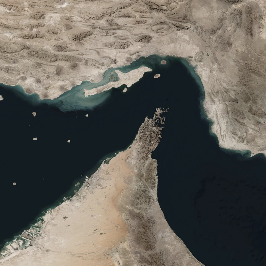 Muted satellite imagery of the Strait of Hormuz, the 2022 baseline